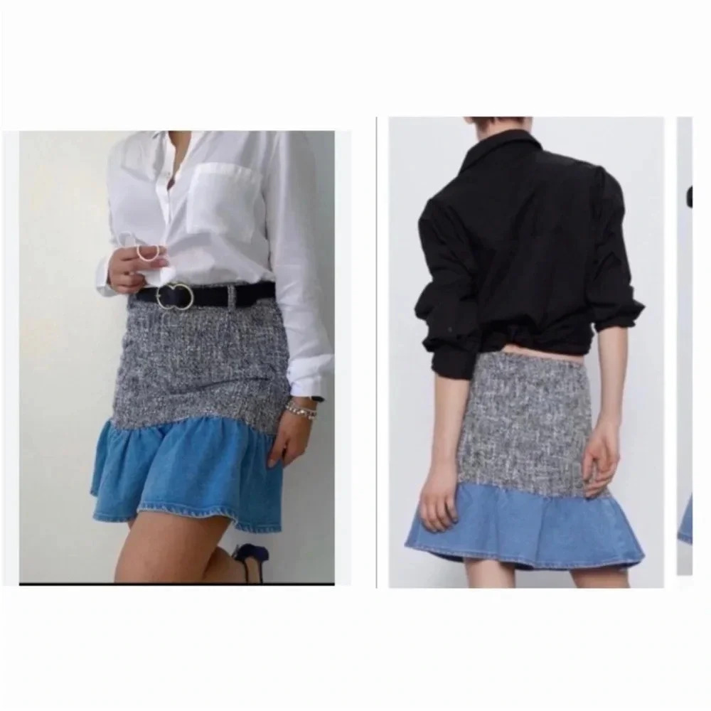 Zara tweed denim ruffle skirt